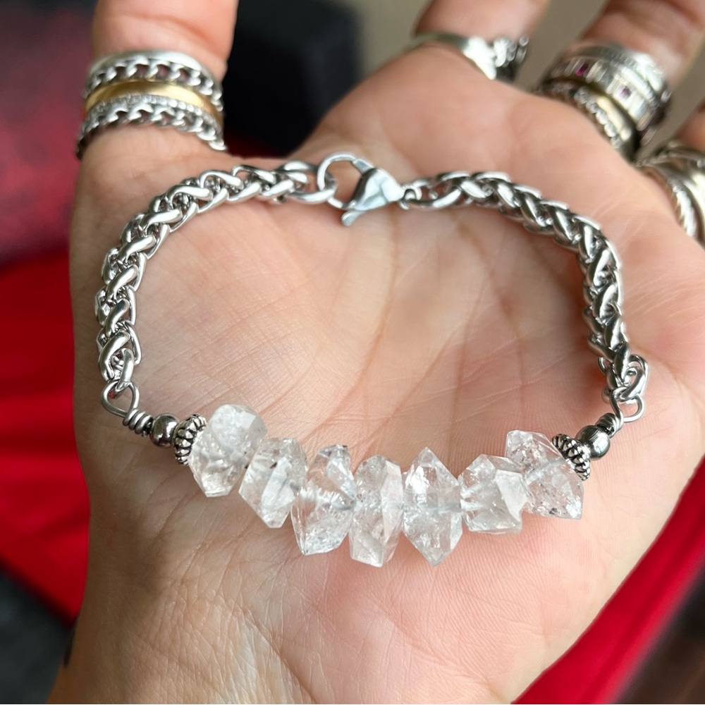 ✨ 7 big genuine herkimers diamonds stainless steel wheat chain crystal bracelet - Picture 8 of 14